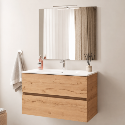 Composizione Bagno RACE Ottopuntozero 80 cm Quercia Naturale con Lavabo Mineral Marmo e Specchio Retroilluminato